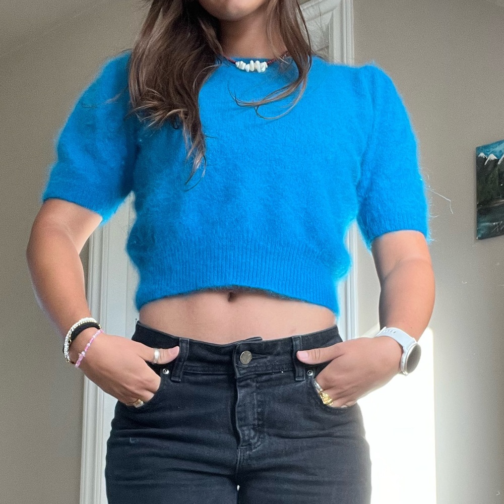 Blue Fuzzy Cropped Sweater